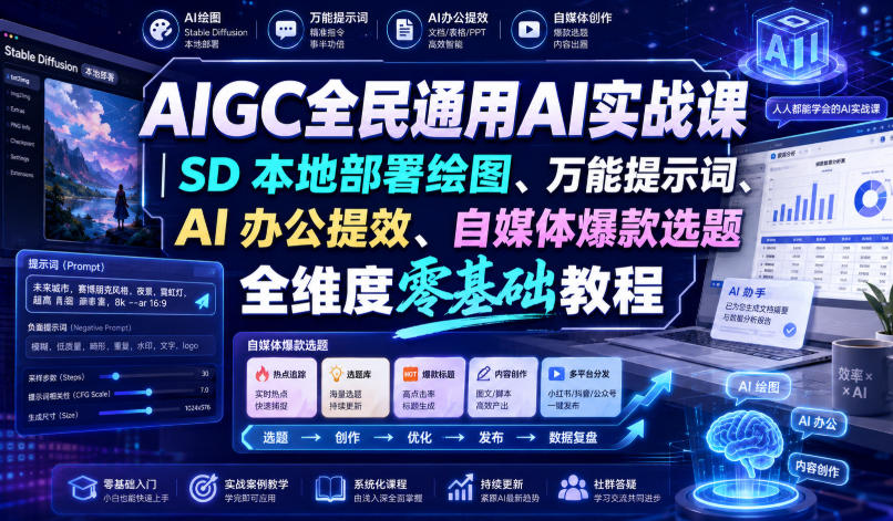 AIGC全民通用AI实战课｜SD本地部署绘图、万能提示词、AI办公提效、自媒体爆款选题全维度零基础教程| 鹿鸣网创