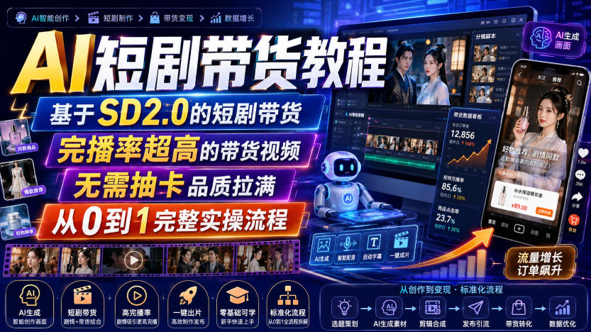 AI短剧带货教程，基于SD2.0的短剧带货，完播率超高的带货视频，无需抽卡品质拉满，从0到1完整实操流程| 鹿鸣网创