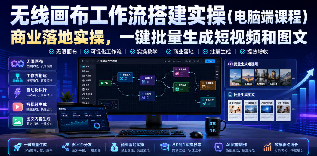 无线画布工作流搭建实操（电脑端课程），商业落地实操，一键批量生成短视频和图文| 鹿鸣网创