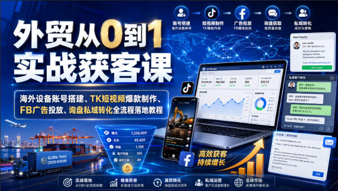 外贸从0到1实战获客课｜海外设备账号搭建、TK短视频爆款制作、FB广告投放、询盘私域转化全流程落地教程| 鹿鸣网创