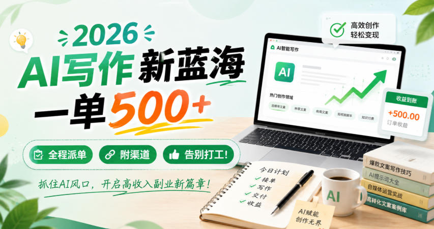 2026 AI写作新蓝海，一单500+，全程派单，附渠道，告别打工！【揭秘】| 鹿鸣网创
