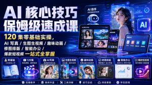 AI核心技巧保姆级速成课｜120集零基础实操，AI写真/生图生视频/趣味动画/修图排版/智能办公/爆款短视频一站式全掌握（更新）| 鹿鸣网创