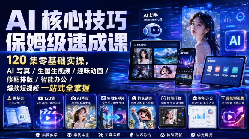 AI核心技巧保姆级速成课｜120集零基础实操，AI写真/生图生视频/趣味动画/修图排版/智能办公/爆款短视频一站式全掌握（更新）| 鹿鸣网创