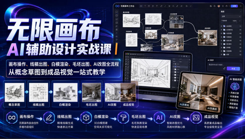 无限画布AI辅助设计实战课｜画布操作、线稿出图、白模渲染、毛坯出图、AI改图全流程，从概念草图到成品视觉一站式教学| 鹿鸣网创
