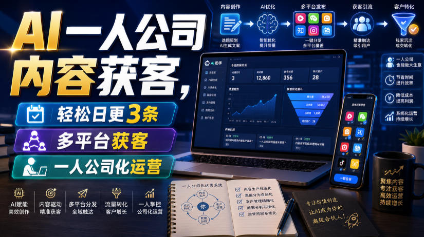 AI一人公司内容获客，轻松日更3条，多平台获客，一人公司化运营（更新0827）| 鹿鸣网创
