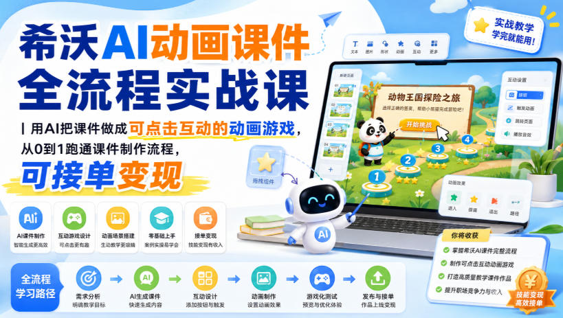 希沃AI动画课件全流程实战课｜用AI把课件做成可点击互动的动画游戏，从0到1跑通课件制作流程，可接单变现| 鹿鸣网创
