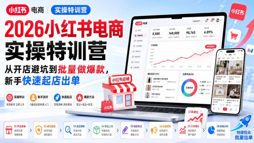 2026小红书电商实操特训营，从开店避坑到批量做爆款，新手快速起店出单| 鹿鸣网创