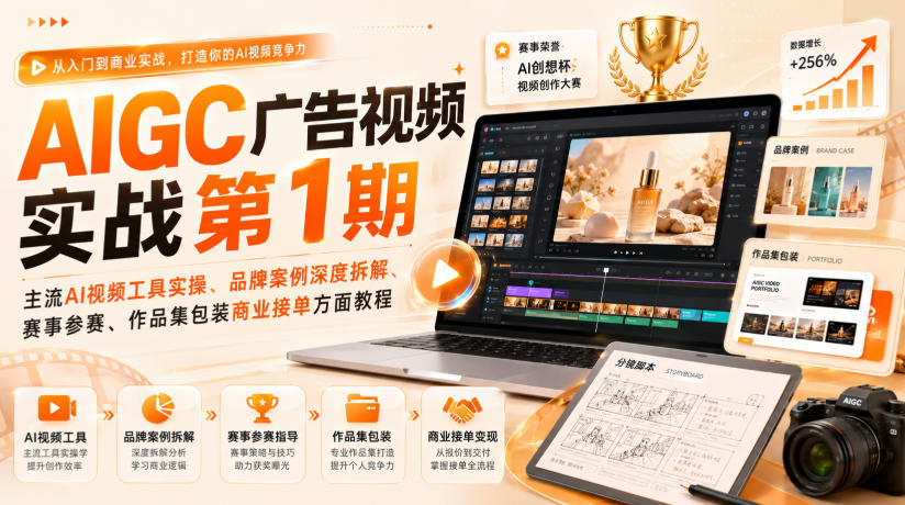 AIGC广告视频实战第1期，主流AI视频工具实操、品牌案例深度拆解、赛事参赛、作品集包装商业接单方面教程| 鹿鸣网创