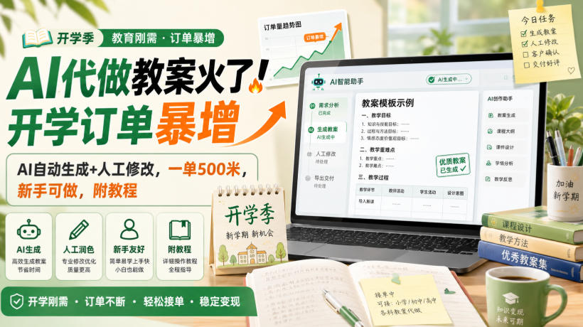 AI代做教案火了！开学订单暴增，AI自动生成+人工修改，一单500米，新手可做，附教程【揭秘】| 鹿鸣网创