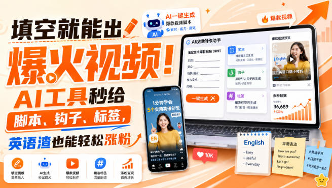 填空就能出爆火视频！AI工具秒给脚本、钩子、标签，英语渣也能轻松涨粉【原创双语字幕】| 鹿鸣网创
