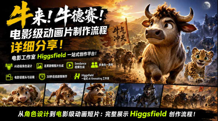 牛来！牛德赛！电影级动画片制作流程详细分享！电影工作室Higgsfield一站式创作平台，完整创作流程| 鹿鸣网创