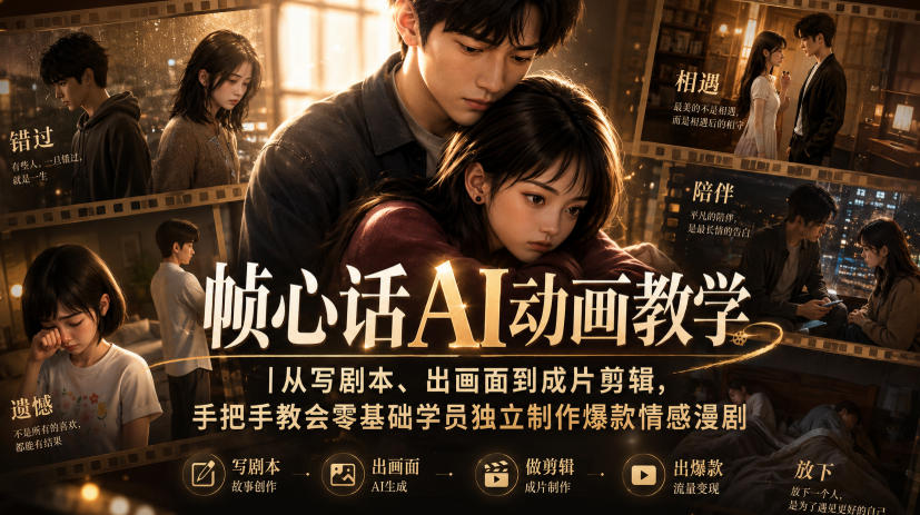 帧心话AI动画教学｜从写剧本、出画面到成片剪辑，手把手教会零基础学员独立制作爆款情感漫剧| 鹿鸣网创
