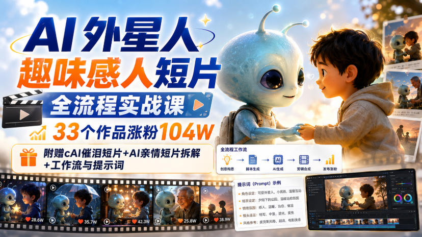 AI外星人趣味感人短片全流程实战课，33个作品涨粉104W，附赠AI催泪短片+AI亲情短片拆解+工作流与提示词| 鹿鸣网创