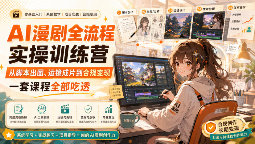 AI漫剧全流程实操训练营，从脚本出图、运镜成片到合规变现，一套课程全部吃透| 鹿鸣网创