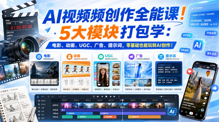 AI视频频创作全能课！5大模块打包学：电影、动画、UGC、广告、提示词，零基础也能玩转AI创作！【原创双语字幕】| 鹿鸣网创