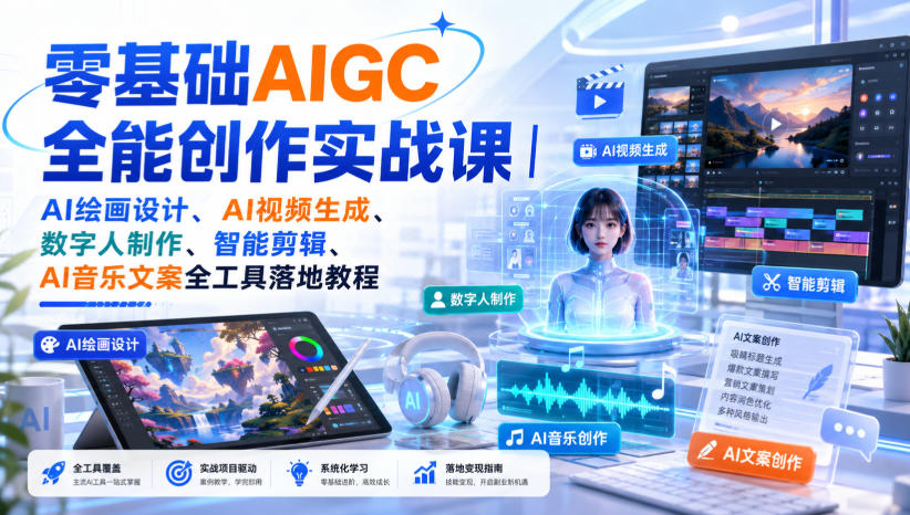 零基础AIGC全能创作实战课｜AI绘画设计、AI视频生成、数字人制作、智能剪辑、AI音乐文案全工具落地教程| 鹿鸣网创
