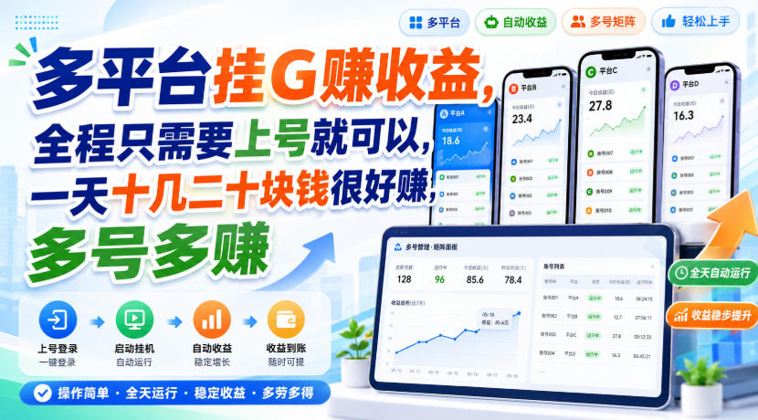 多平台挂G賺收益，全程只需要上号就可以，一天十几二十块钱很好賺，多号多賺【揭秘】| 鹿鸣网创