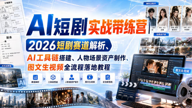 AI短剧实战带练营｜2026短剧赛道解析、AI工具链搭建、人物场景资产制作、图文生视频全流程落地教程| 鹿鸣网创