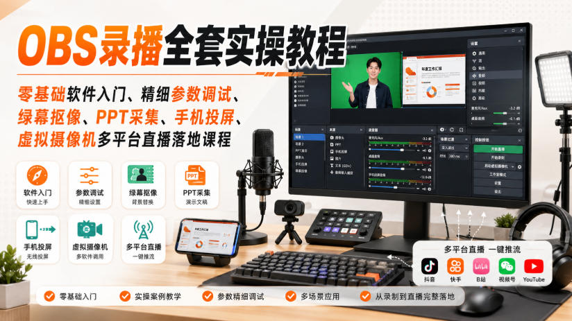 OBS录播全套实操教程｜零基础软件入门、精细参数调试、绿幕抠像、手机投屏、虚拟摄像机多平台直播落地课程| 鹿鸣网创