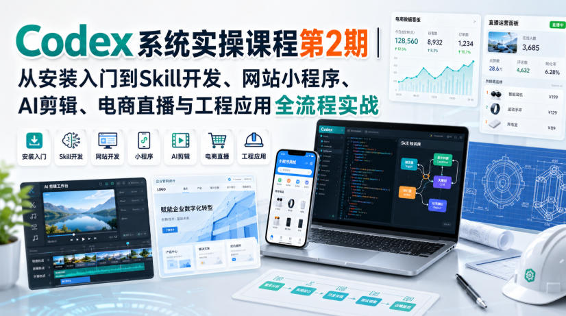 Codex系统实操课程第2期｜从安装入门到Skill开发、网站小程序、AI剪辑、电商直播与工程应用全流程实战| 鹿鸣网创