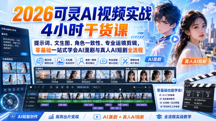 2026可灵AI视频实战4小时干货课｜提示词、文生图、角色一致性、专业运镜剪辑，零基础一站式学会AI漫剧与真人AI短剧全流程| 鹿鸣网创