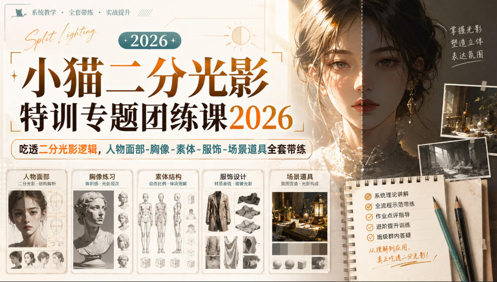 小猫二分光影特训专题团练课2026｜吃透二分光影逻辑，人物面部‑胸像‑素体‑服饰‑场景道具全套带练，高清画质附赠课件与笔刷| 鹿鸣网创