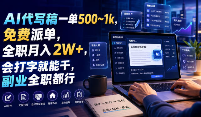 AI代写稿一单500~1k,免费派单,全职月入2W+,会打字就能干,副业全职都行【揭秘】