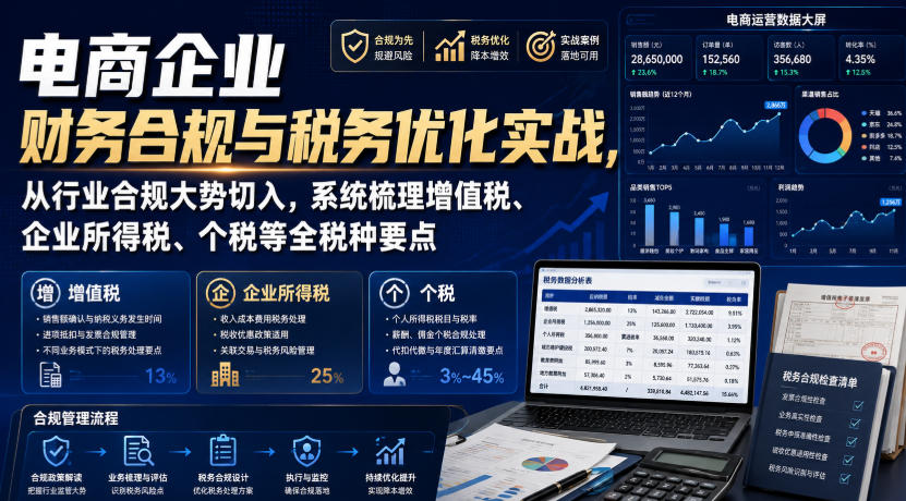 电商企业财务合规与税务优化实战，从行业合规大势切入，系统梳理增值税、企业所得税、个税等全税种要点| 鹿鸣网创