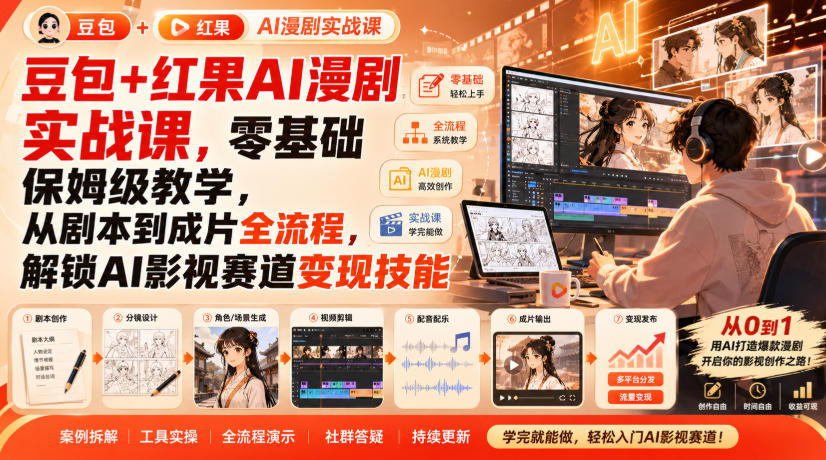 豆包+红果AI漫剧实战课，零基础保姆级教学，从剧本到成片全流程，解锁AI影视赛道变现技能| 鹿鸣网创