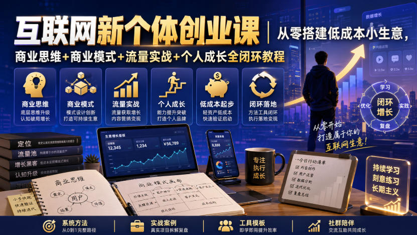 互联网新个体创业课｜从零搭建低成本小生意，商业思维+商业模式+流量实战+个人成长全闭环教程（更新0922）| 鹿鸣网创