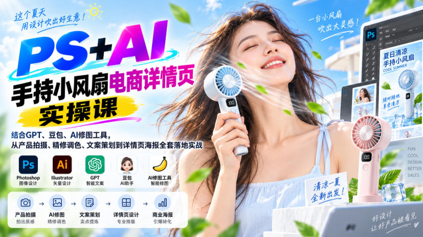 PS+AI手持小风扇电商详情页实操课｜结合GPT、豆包、AI修图工具，从产品拍摄、精修调色、文案策划到详情页海报全套落地实战| 鹿鸣网创