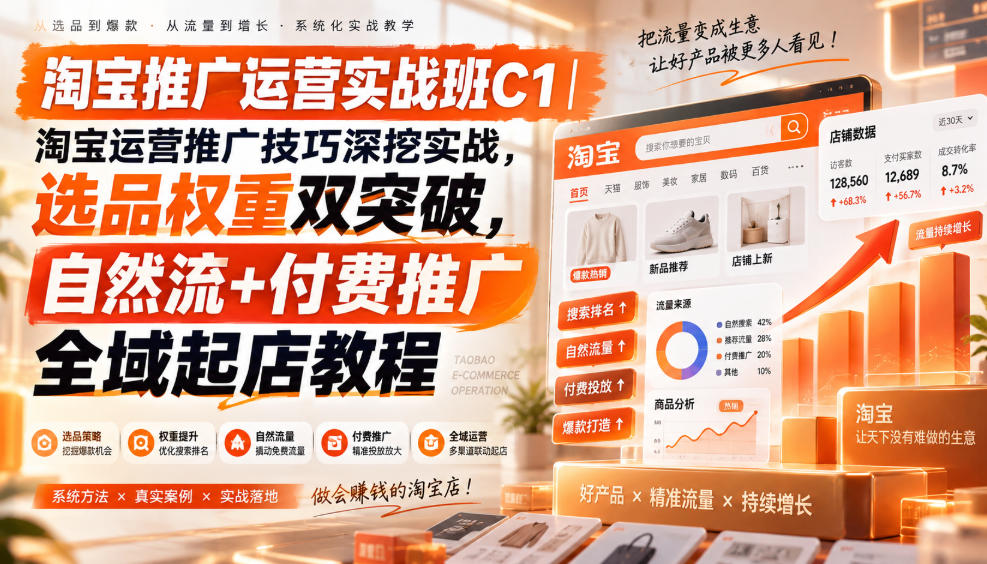淘宝推广运营实战班C1｜淘宝运营推广技巧深挖实战，选品权重双突破，自然流+付费推广全域起店教程| 鹿鸣网创
