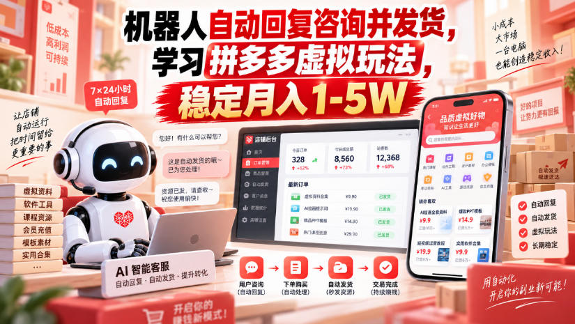 机器人自动回复咨询并发货，学习拼多多虚拟玩法，稳定月入1-5W【揭秘】| 鹿鸣网创