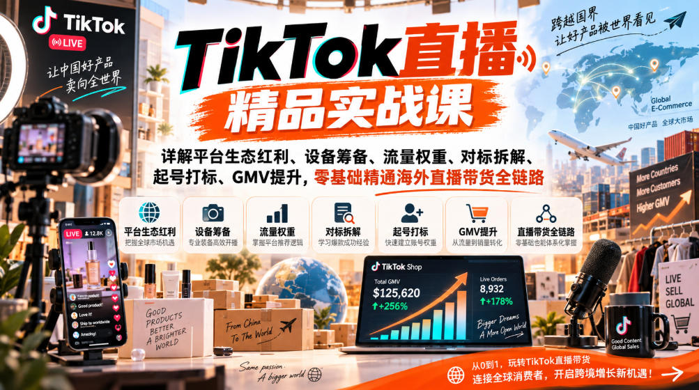 TikTok直播精品实战课，详解平台生态红利、设备筹备、流量权重、对标拆解、起号打标、GMV提升，零基础精通海外直播带货全链路| 鹿鸣网创