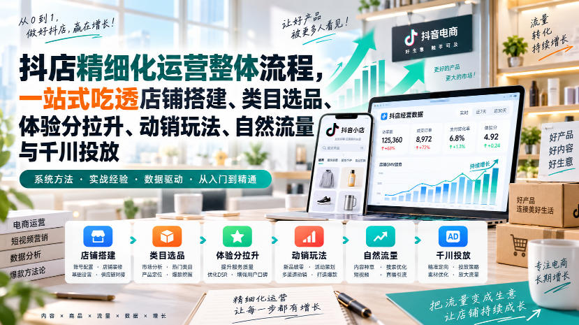 李哥电商-抖店精细化运营整体流程，一站式吃透店铺搭建、类目选品、体验分拉升、动销玩法、自然流量与千川投放| 鹿鸣网创