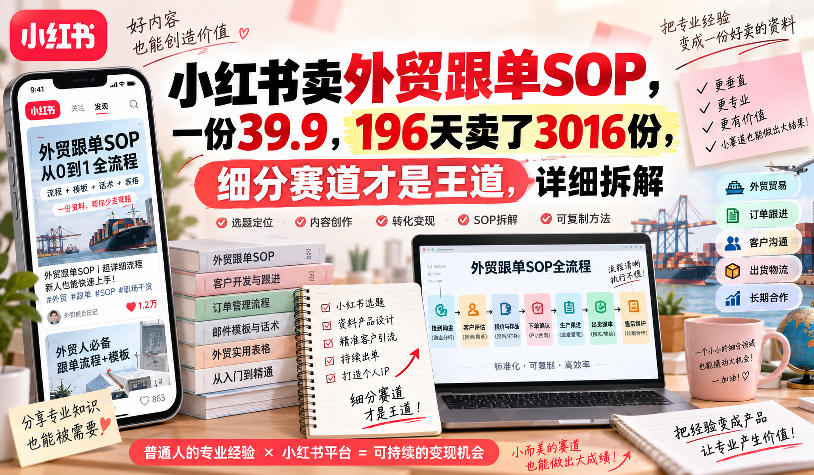 小红书卖外贸跟单sop，一份39.9，196天卖了3016份，细分赛道才是王道，详细拆解| 鹿鸣网创
