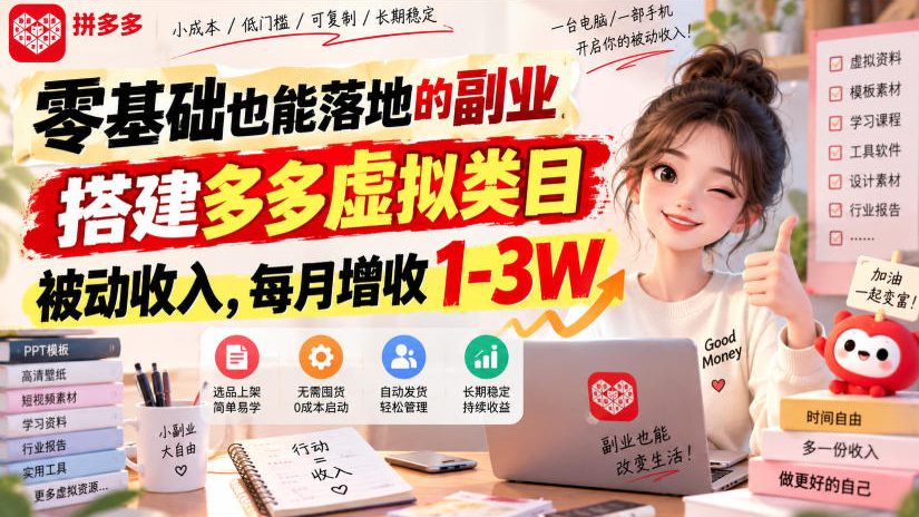 零基础也能落地的副业，搭建多多虚拟类目被动收入，每月增收1-3W【揭秘】| 鹿鸣网创