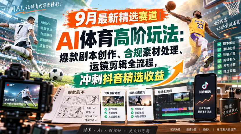 某大佬的9月最新精选赛道之AI体育顶级玩法，爆款剧本创作、版权规避、运镜剪辑全流程，稳拿抖音精选收益| 鹿鸣网创