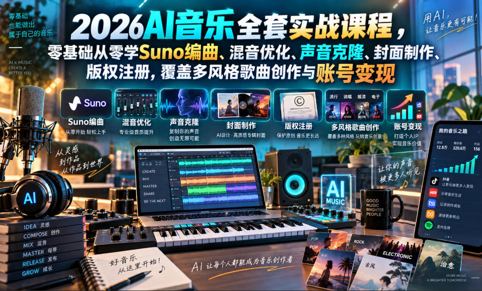 2026AI音乐实战课程，零基础从零学Suno编曲、混音优化、声音克隆、版权注册，覆盖多风格歌曲创作与账号变现（更新0921）| 鹿鸣网创