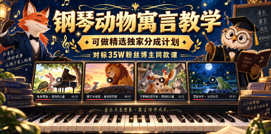 钢琴动物寓言教学，可做精选独家分成计划，对标35W粉丝博主同款课| 鹿鸣网创