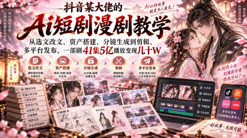 抖音某大佬的Ai短剧漫剧教学，从选文改文、资产搭建、分镜生成到剪辑、多平台发布，一部剧41集5亿播放变现几十W| 鹿鸣网创
