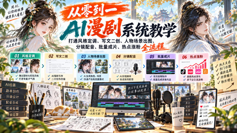 从零到一AI漫剧系统教学，打通风格定调、写文二创、人物场景出图、分镜配音、批量成片、热点涨粉全流程| 鹿鸣网创