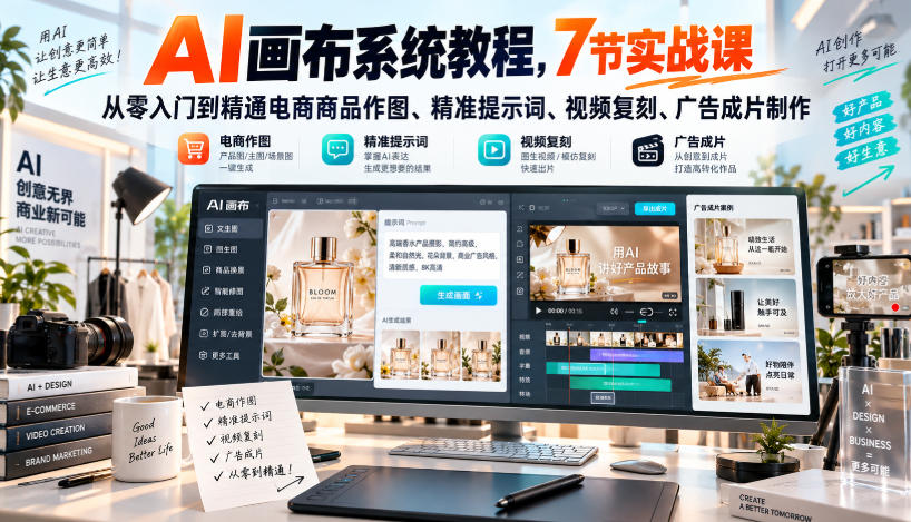 AI画布系统教程，7节实战课从零入门到精通电商商品作图、精准提示词、视频复刻、广告成片制作| 鹿鸣网创