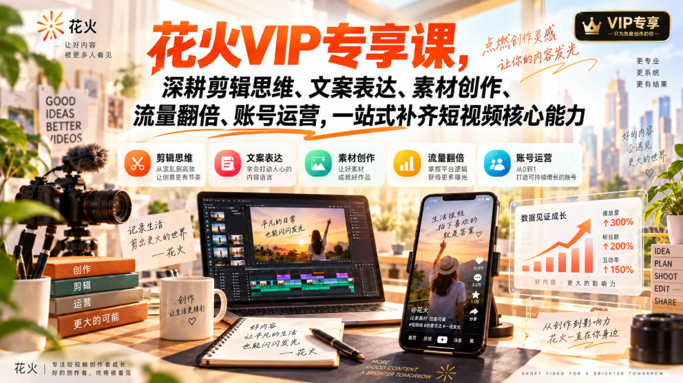 花火VIP专享课，深耕剪辑思维、文案表达、素材创作、流量翻倍、账号运营，一站式补齐短视频核心能力| 鹿鸣网创