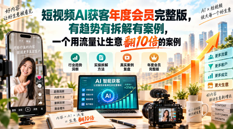 短视频AI获客年度会员完整版，有趋势有拆解有案例，一个用流量让生意翻10倍的案例| 鹿鸣网创