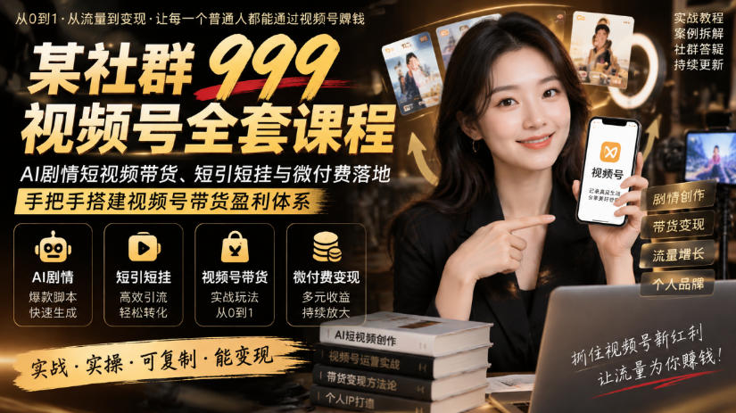 某社群999视频号全套课程，AI剧情短视频带货、短引短挂与微付费落地，手把手搭建视频号带货盈利体系| 鹿鸣网创
