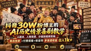 抖音30W粉博主的AI历史情景喜剧教学，从剧本、人物场景、分镜到视频剪辑，精选独家+付费观看+收徒等多渠道收益日入1k+| 鹿鸣网创