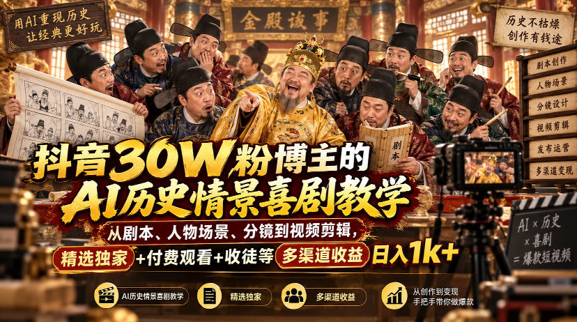 抖音30W粉博主的AI历史情景喜剧教学，从剧本、人物场景、分镜到视频剪辑，精选独家+付费观看+收徒等多渠道收益日入1k+| 鹿鸣网创