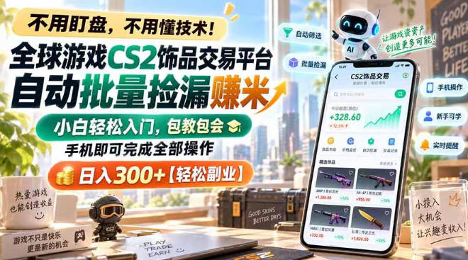 全球游戏CS2饰品交易平台自动批量捡漏賺米，小白轻松入门，包教包会，手机即可完成全部操作，日入300+【揭秘】| 鹿鸣网创