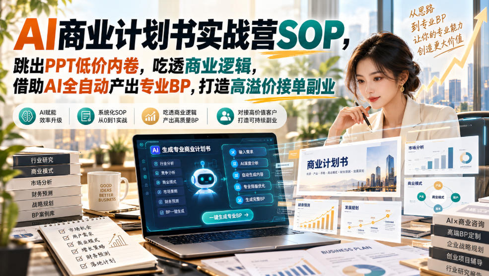 【无水印】AI商业计划书实战营SOP，跳出PPT低价内卷，吃透商业逻辑，借助AI全自动产出专业BP，打造高溢价接单副业| 鹿鸣网创